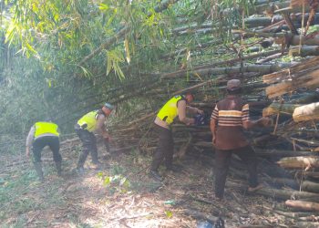 Cegah Banjir, Polisi Kerja Bakti Bersihkan Dapuran Bambu Tumbang di Sungai
